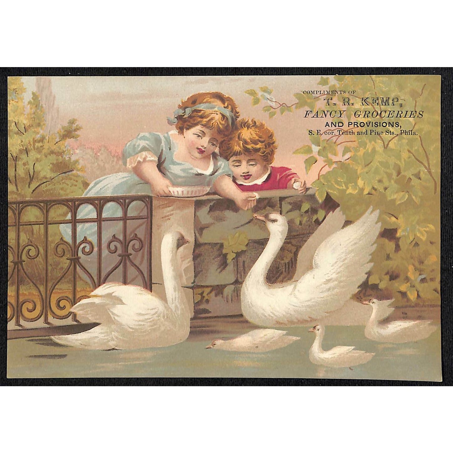 c1880-90's Victorian Trade Card - T.R. Kemp Groceries Philadelphia Kids Swans