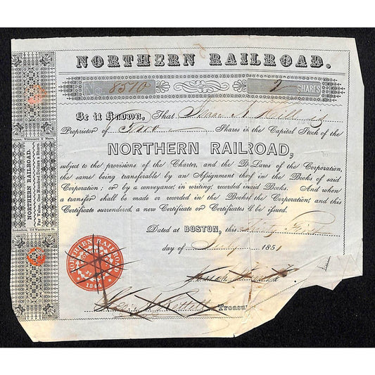 1851 Boston, MA Northern Railroad Stock Certificate No. 8570 for 2 Shares
