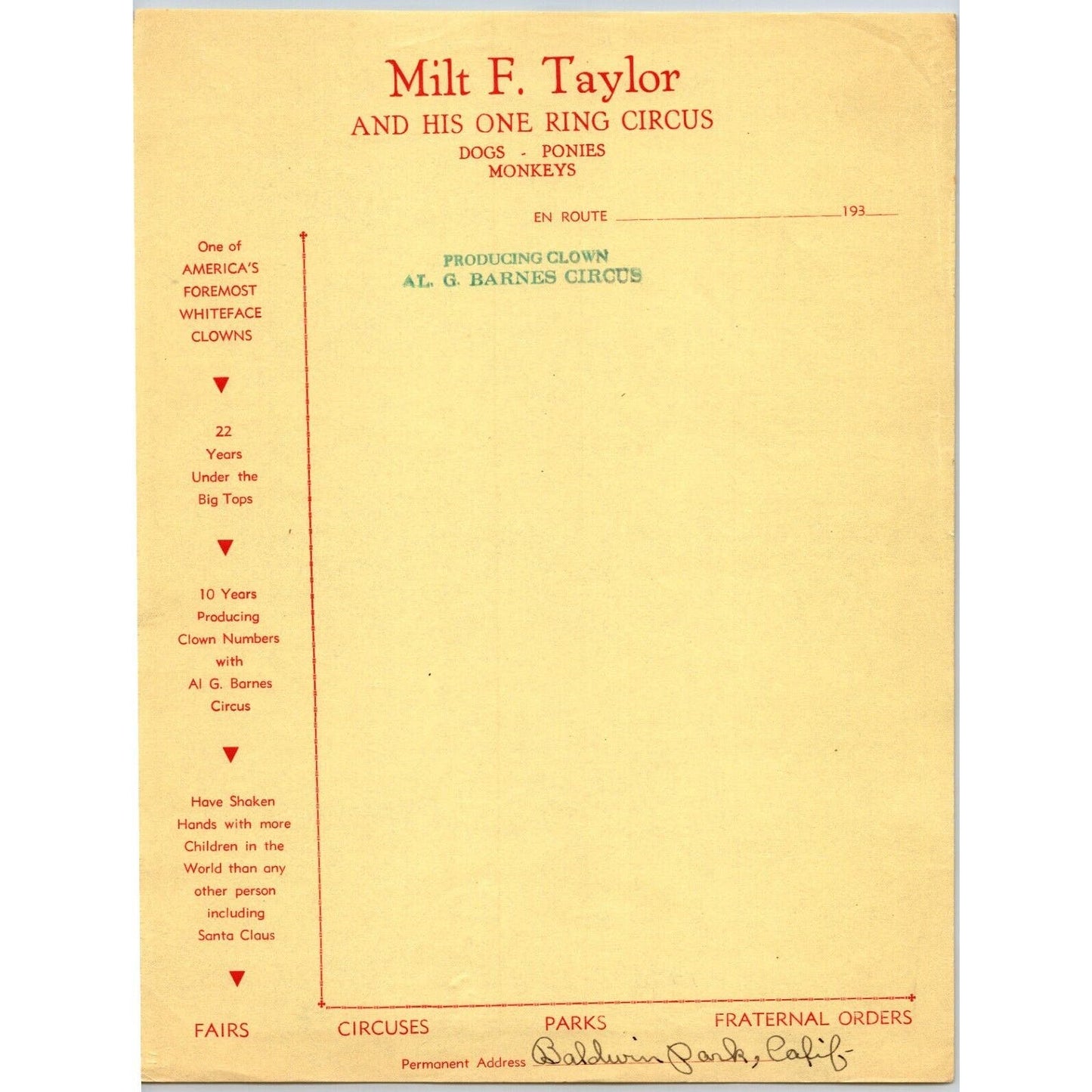 Milt F. Taylor "And His One Ring Circus" Circus Letterhead c1930's Scarce