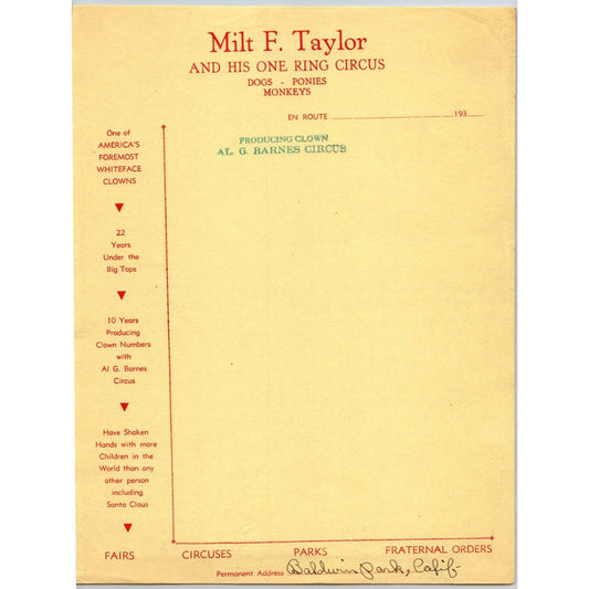 Milt F. Taylor "And His One Ring Circus" Circus Letterhead c1930's Scarce