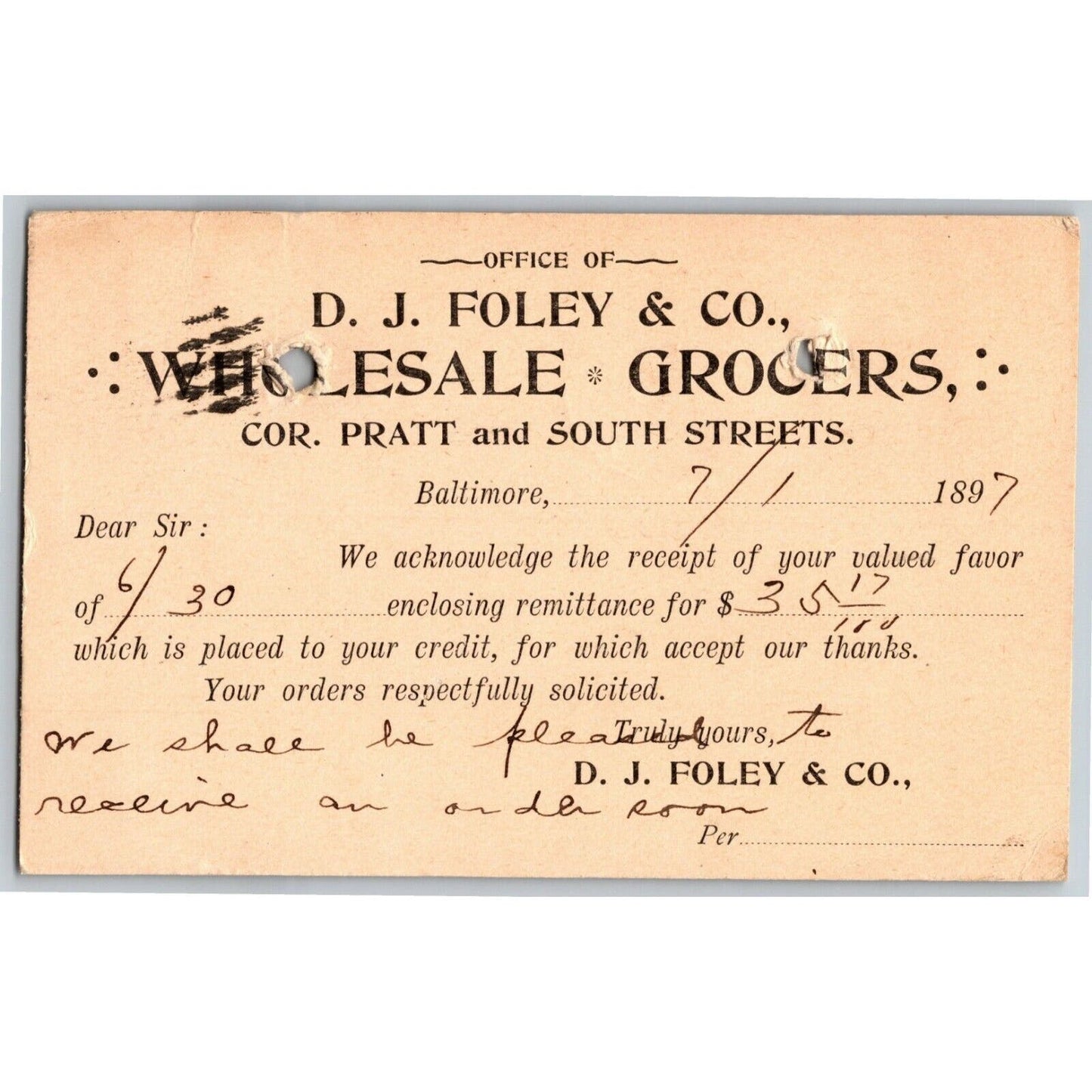1897 Adv. Payment Conf. Postcard D.J. Foley Grocers Baltimore E. Baker*