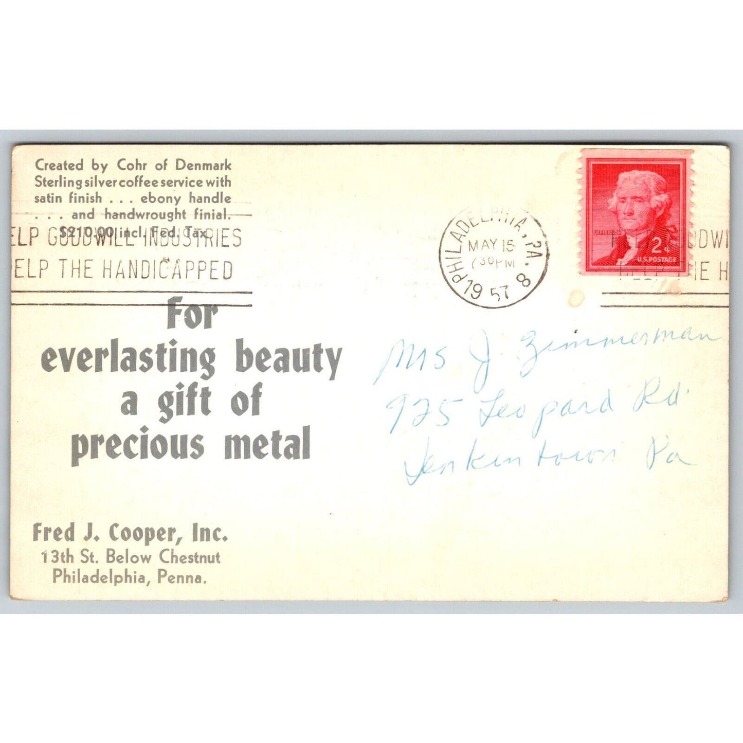 Fred J. Cooper Philadelphia Cohr of Denmark Advertising Postcard PM 1957