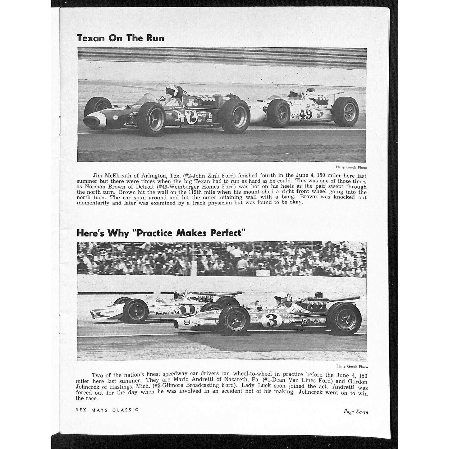 Scarce Jun 9 1968 USAC Rex Mays Classic Auto Racing Program Wisconsin Speedway