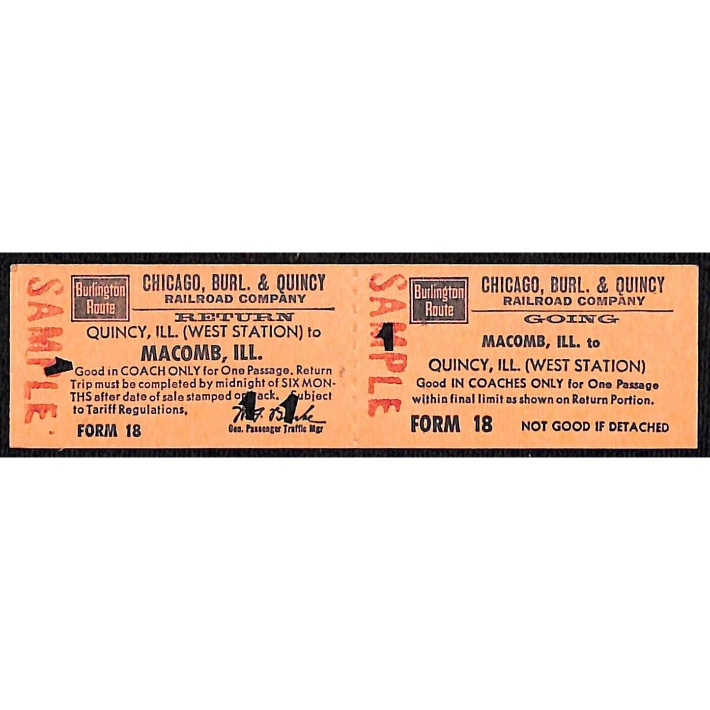 Chicago, Burlington & Quincy Railroad Unnumbered SAMPLE Ticket to/from Macomb