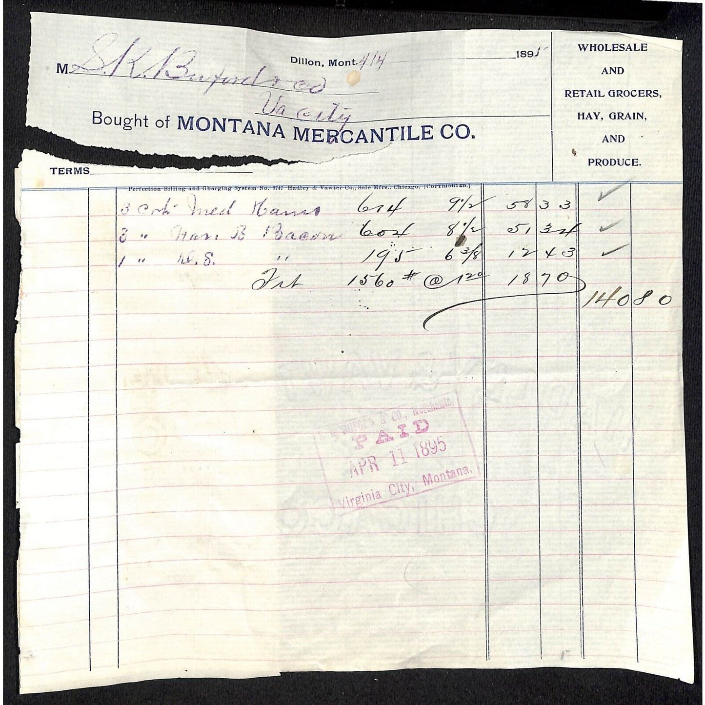 Montana Mercantile Co. 1895 Dillon, MT Letterhead Buford* Large Tear