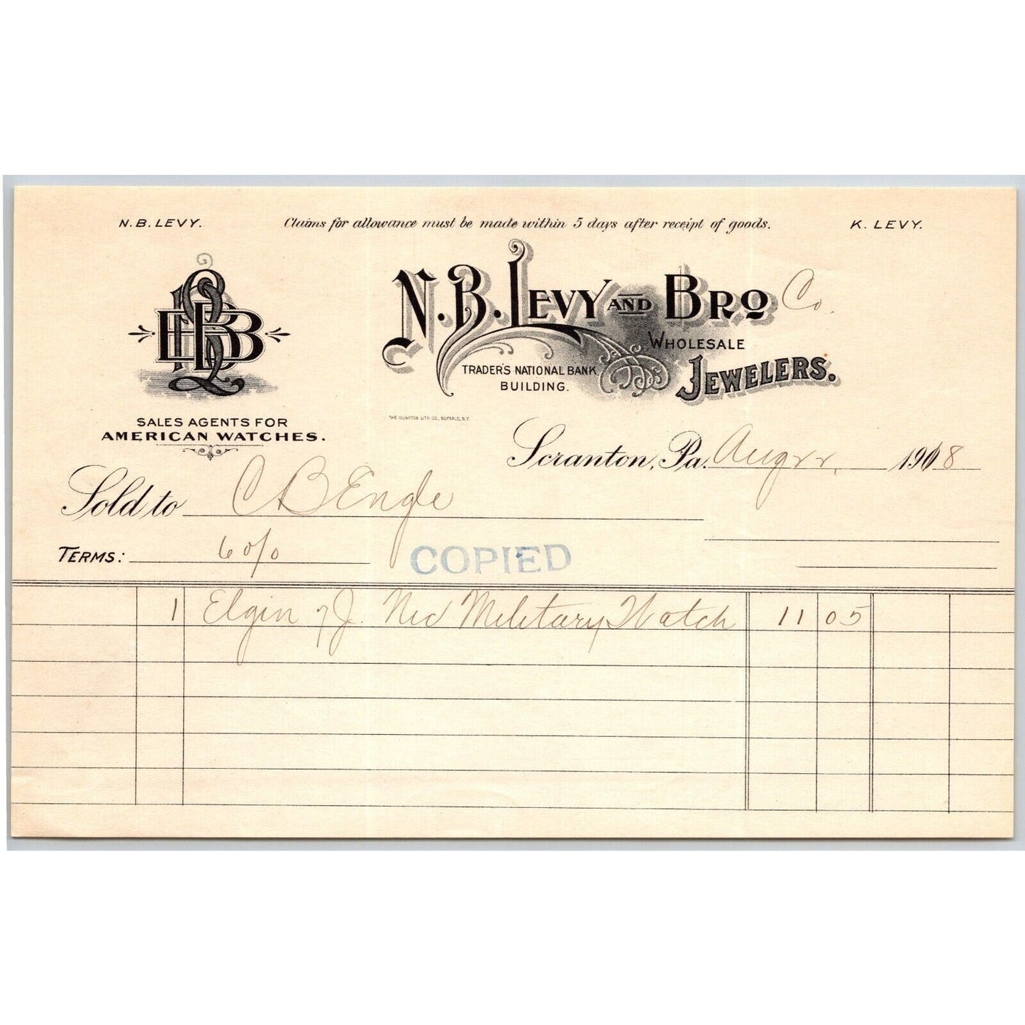 Scranton, PA N.B. Levy and Bro. Jewelers 1908 "C.B. Engel" Billhead Elgin