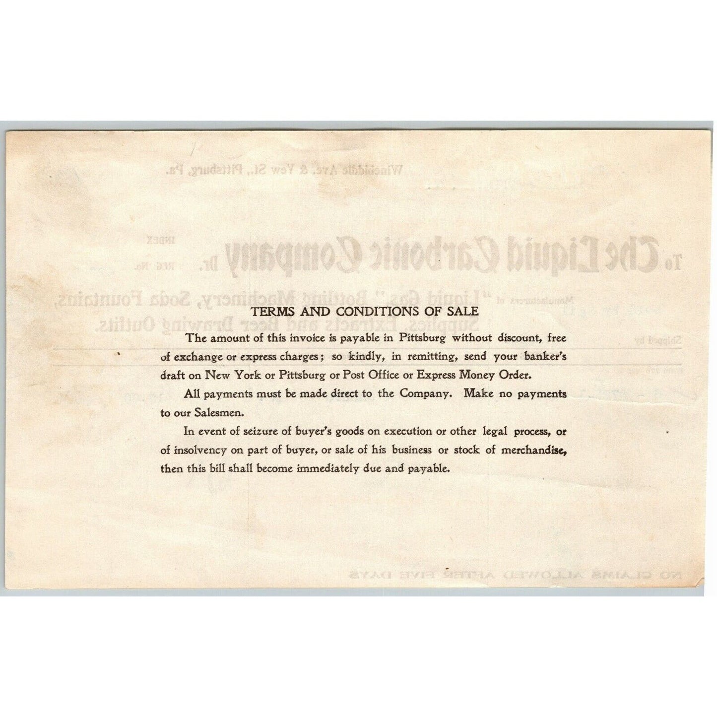 1904 Pittsburg, PA Letterhead The Liquid Carbonic Company Gas Bottling Soda Beer