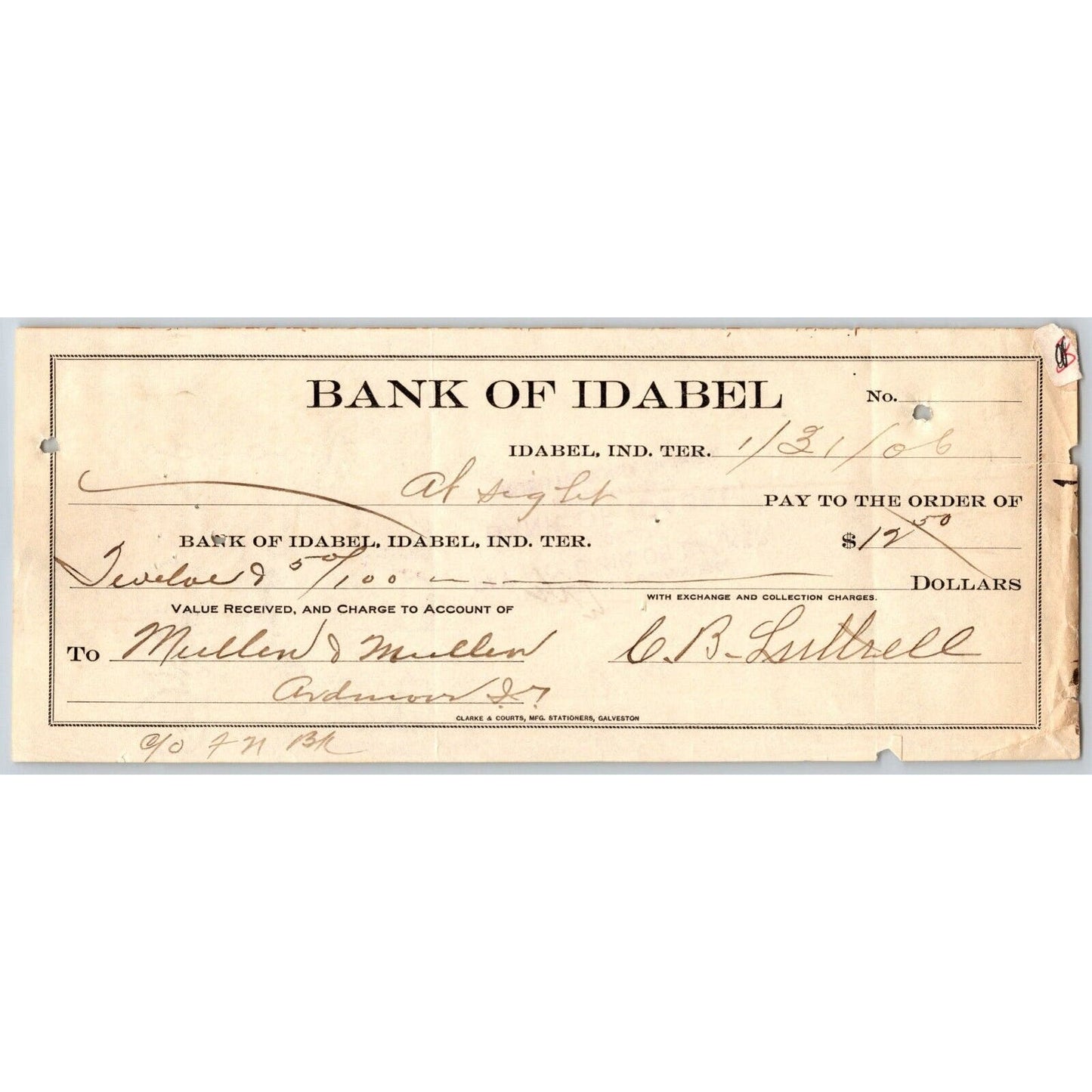 Idabel, Oklahoma Indian Territory 1906 Bank of Idabel Check - Scarce