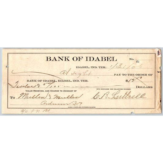 Idabel, Oklahoma Indian Territory 1906 Bank of Idabel Check - Scarce