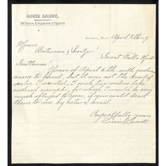 Lewistown, MT "Louis Lant" Wines Liquors Cigars 1897 Letterhead Bateman Switzer