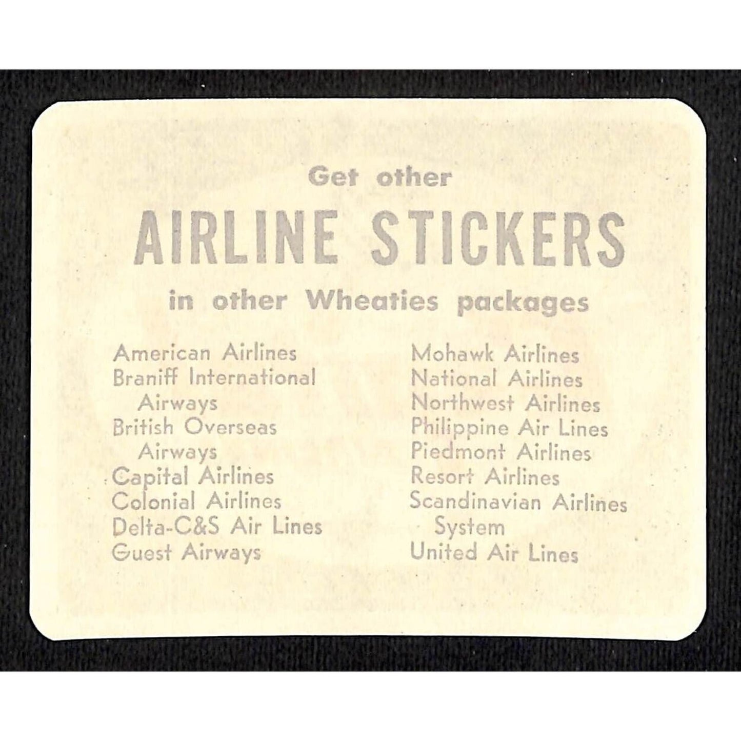 Fly Capital Airlines Wheaties Cereal Premium Airline Sticker c1955 VGC