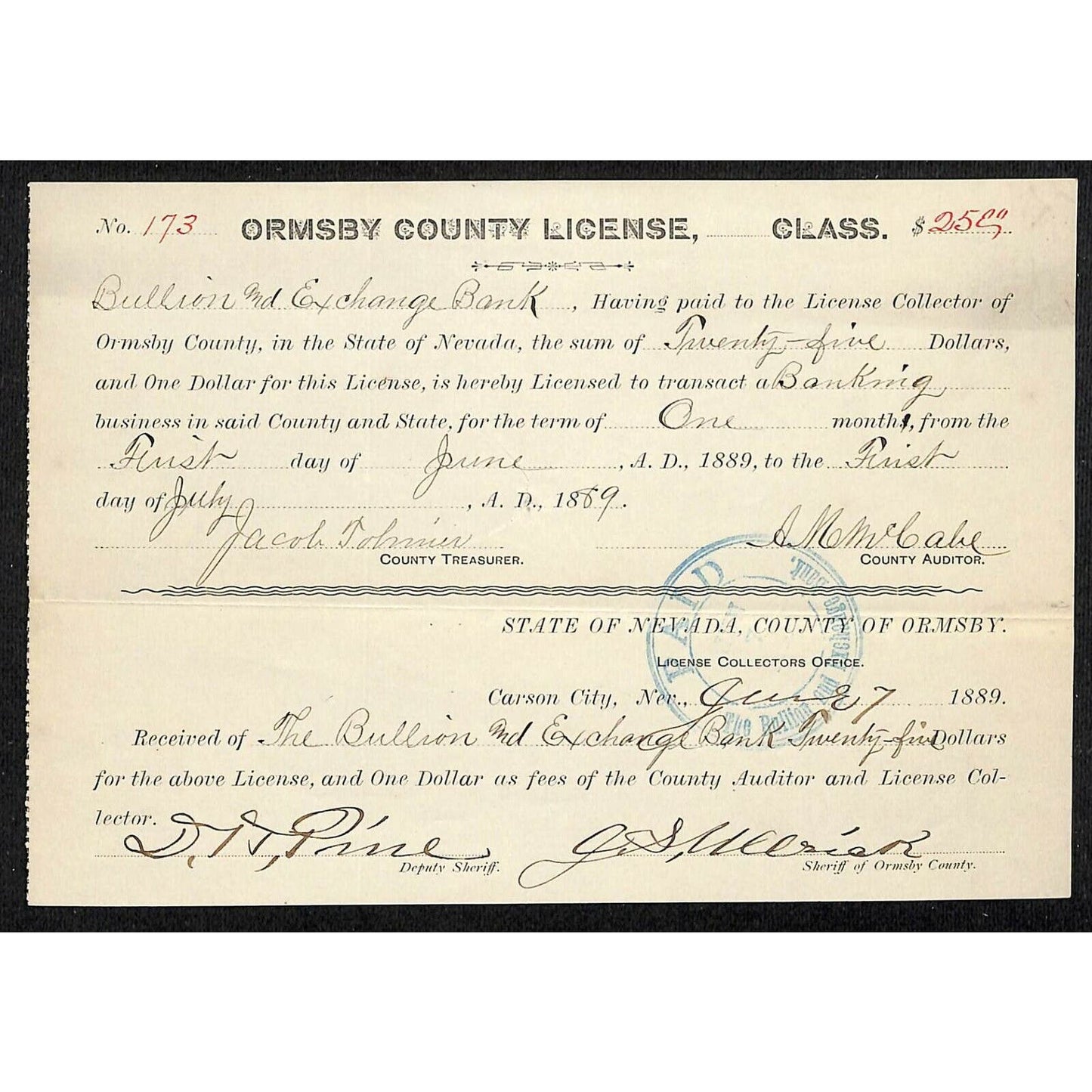 Vintage 1889 Ormsby County Banking License Bullion & Exchange Bank - Mining Doc.