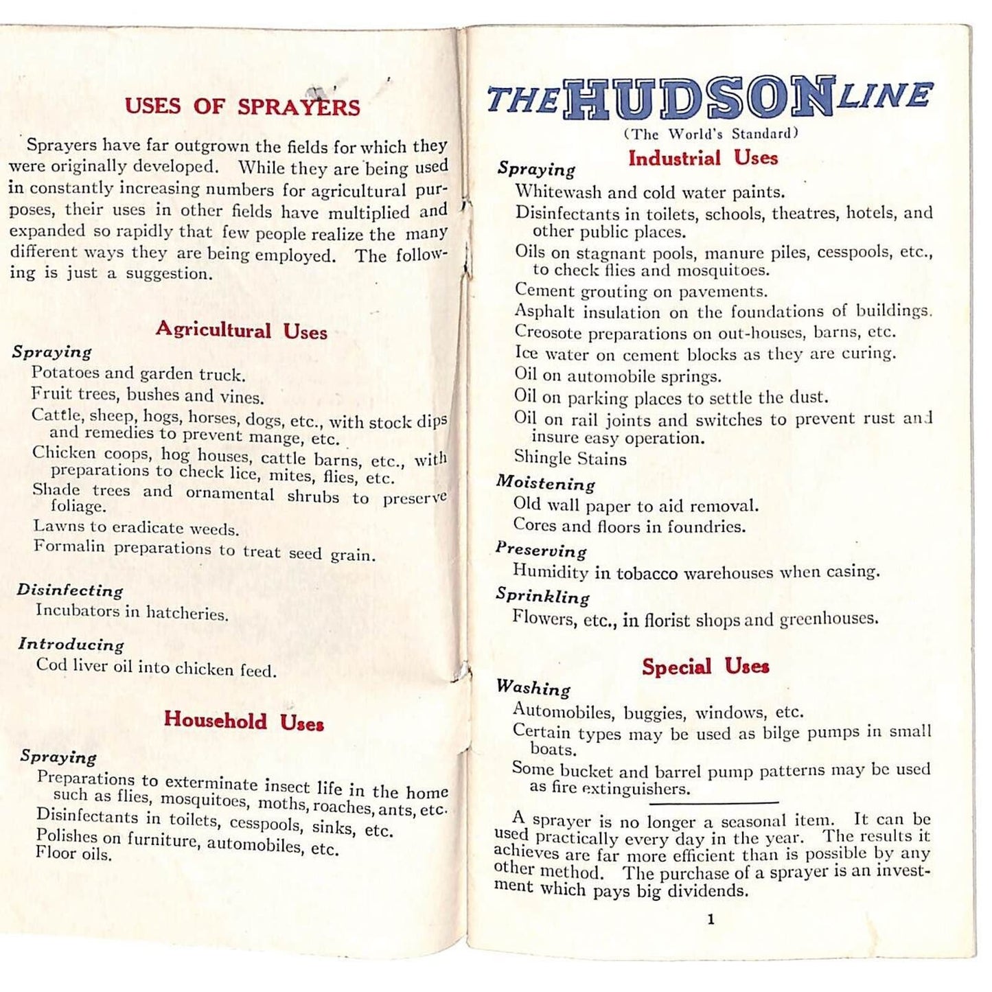 Hudson Sprayers Catalog Booklet 1926 44pp Illustrations Prices Part Nos. Scarce