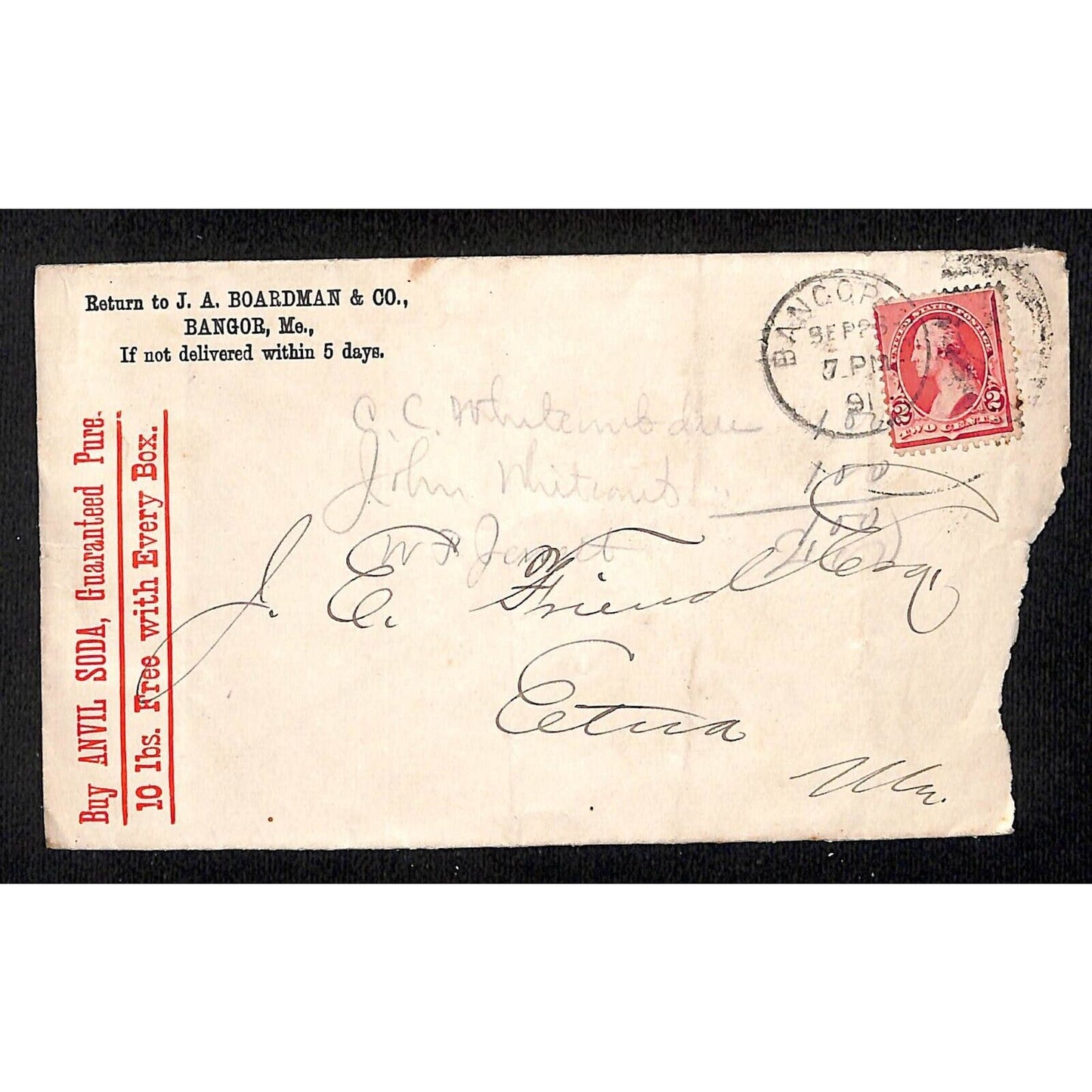 Bangor, ME Anvil Soda / J. A. Boardman & Co. 1891 Cover Only