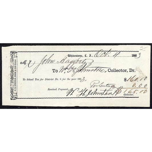 Whitestone, L.I, NY 1863 $168 District No. 3 School Tax Receipt / Billhead