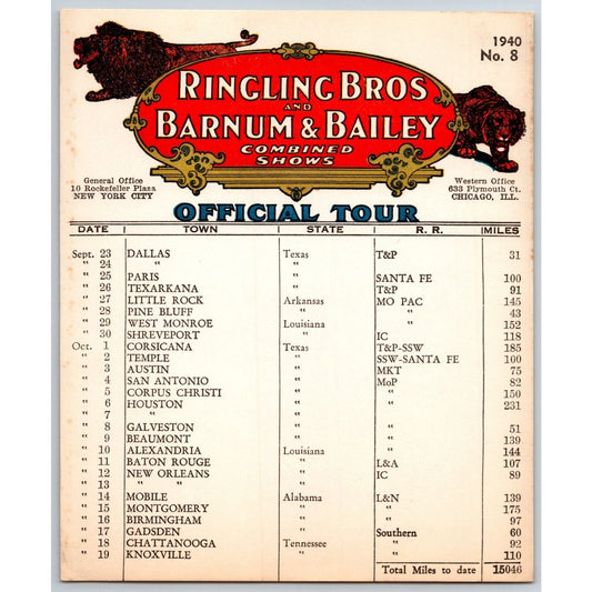 1940 Ringling Bros Barnum & Bailey Circus Route Card Dallas Little Rock Houston