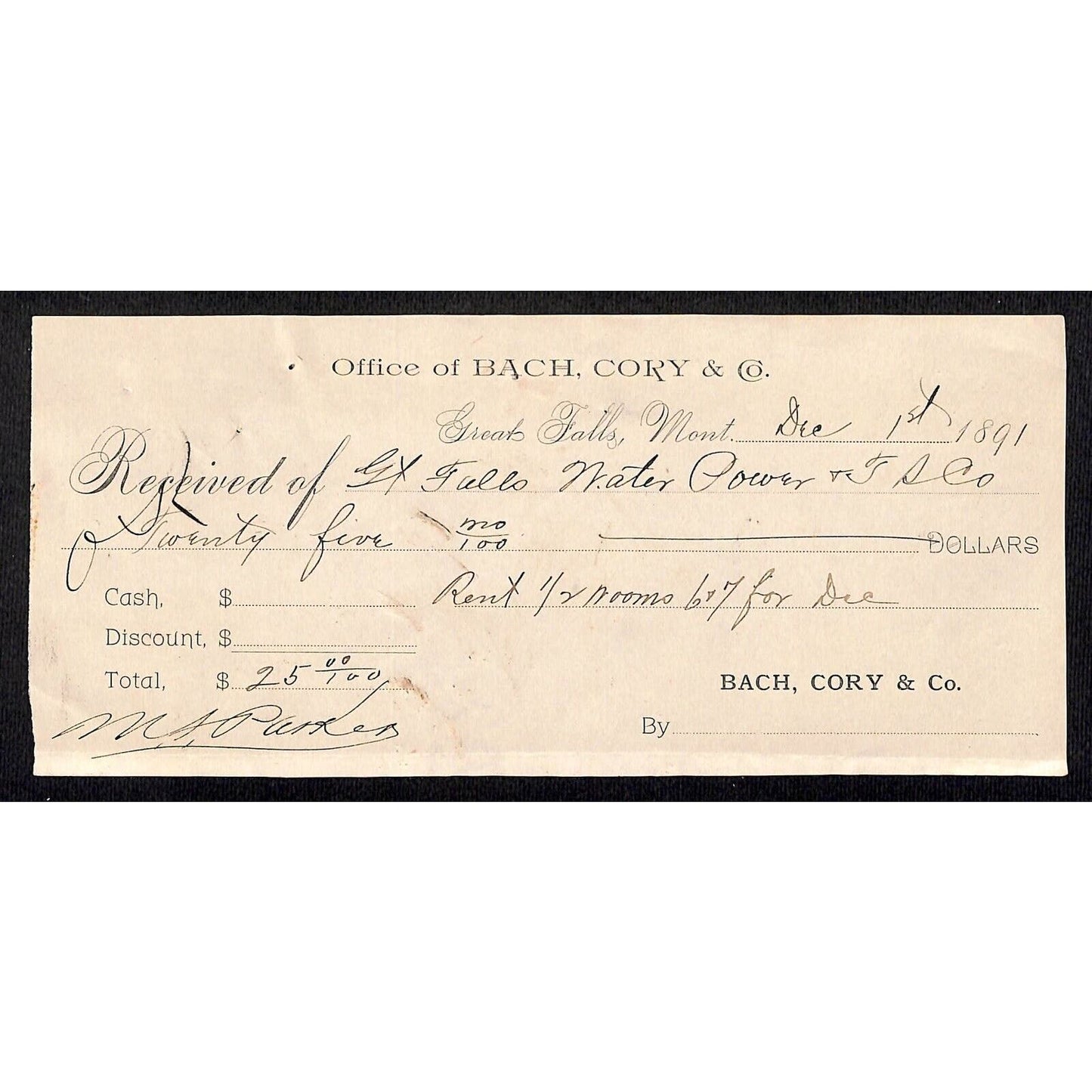 Great Falls Montana 1891 Bach, Cory & Co. / Water Power Payment Receipt