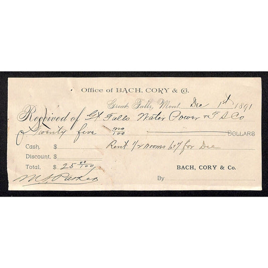Great Falls Montana 1891 Bach, Cory & Co. / Water Power Payment Receipt