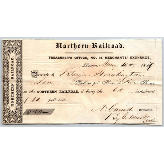 1847 Boston MA Treasurer Receipt Northern Railroad Stock "?? Huntington"
