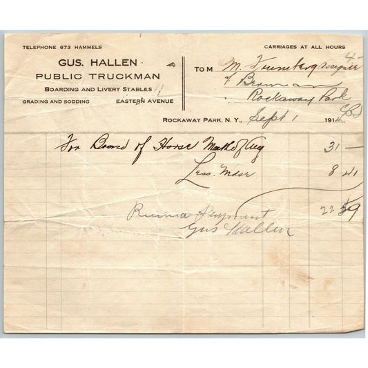 Gus Hallen Public Truckman Boarding Livery Stables 1914 - Letterhead Signed