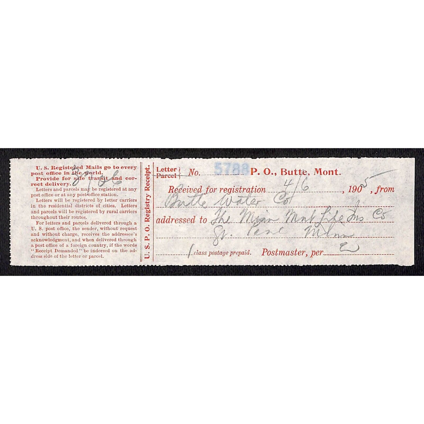Butte Montana Post Office / Butte Water Company 1905 Registered Mail Notice