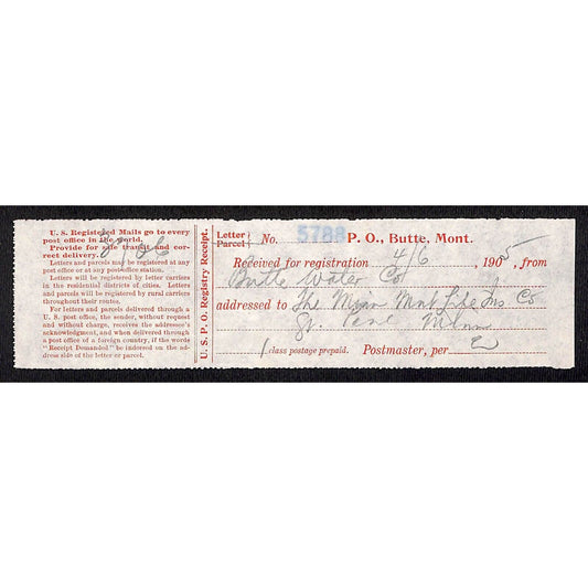 Butte Montana Post Office / Butte Water Company 1905 Registered Mail Notice