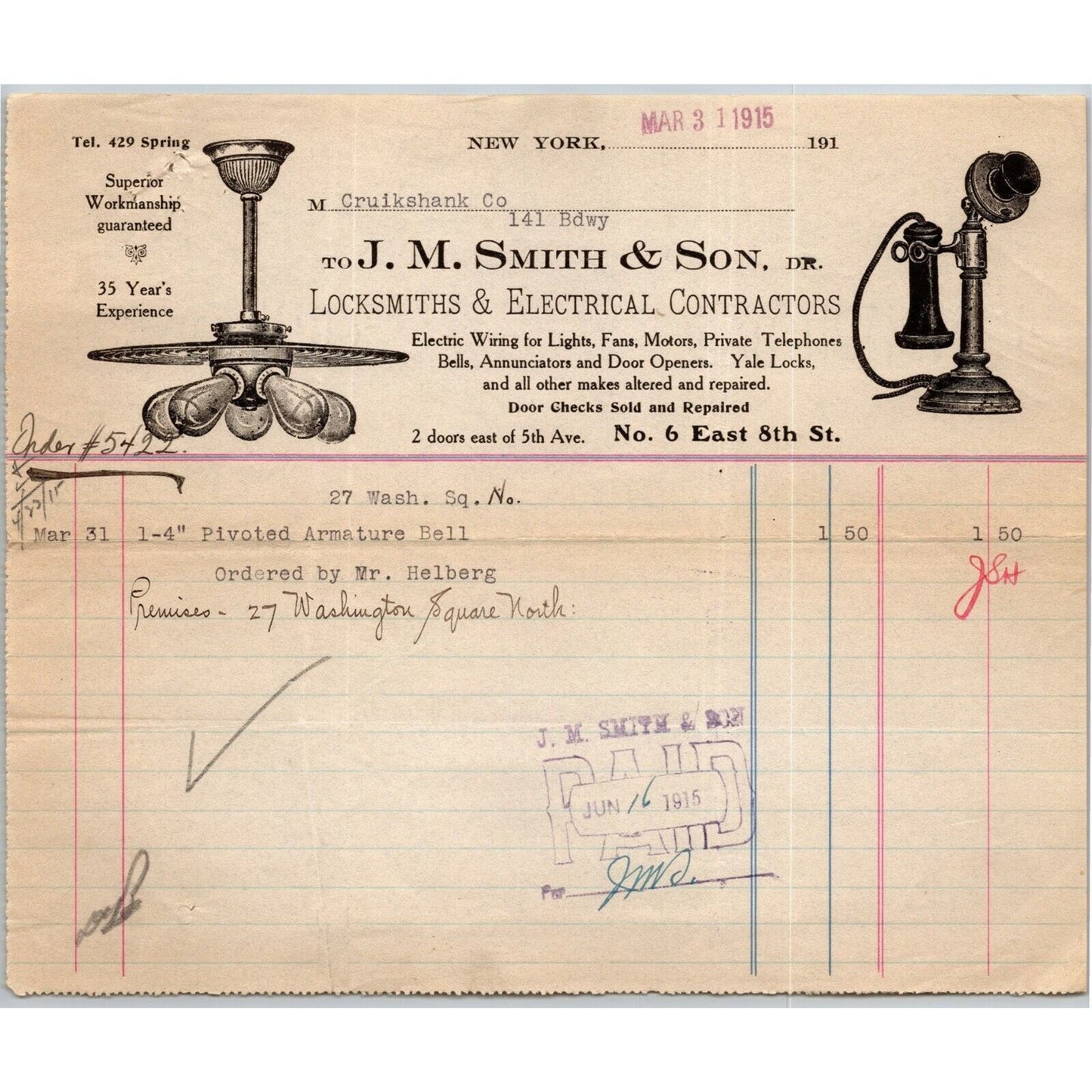 1915 J. M. Smith & Son Electrical & Locksmith Letterhead Billhead E. 8th St NYC