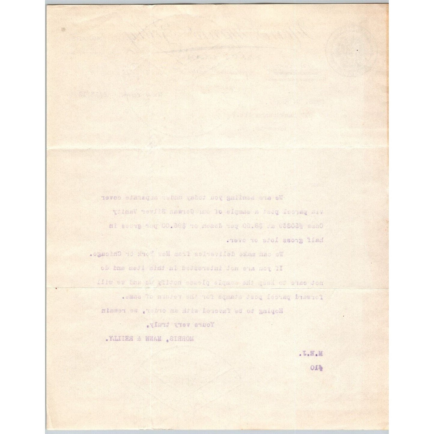New York City Broadway Morris, Mann & Reilly Fancy Goods 1913 "Engel" Letterhead