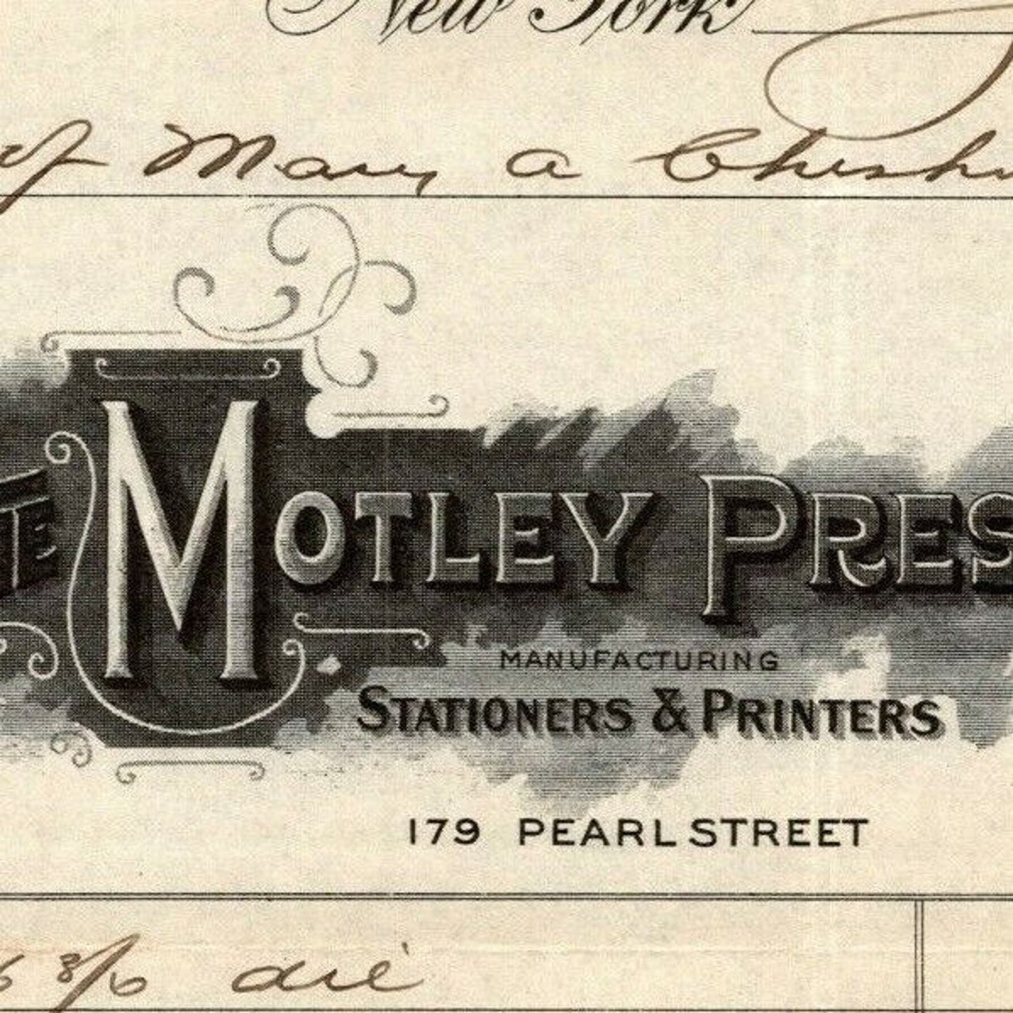 1915 "The Motley Press, Stationers & Printers" Billhead Letterhead Pearl St. NYC