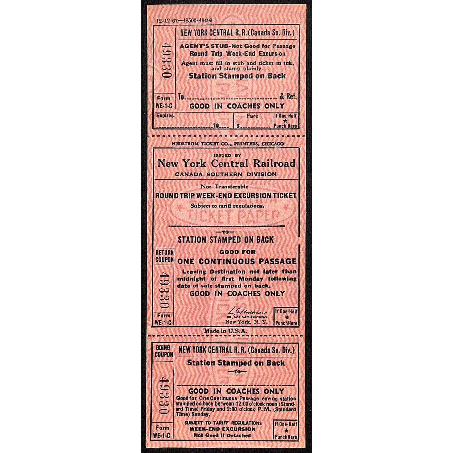 New York Central Railroad RR Canada Unused SAMPLE Excursion Ticket c1967 #49330