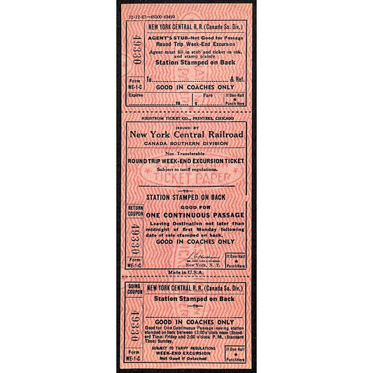 New York Central Railroad RR Canada Unused SAMPLE Excursion Ticket c1967 #49330