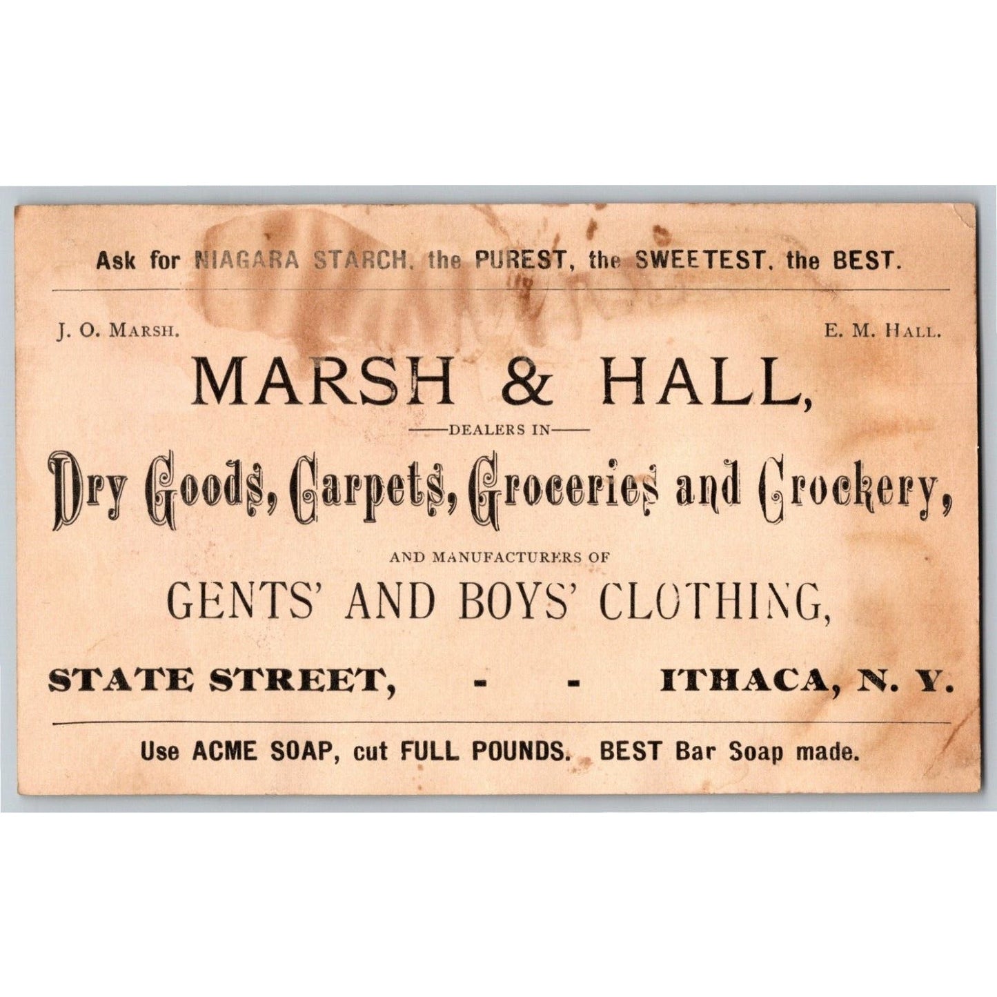 Marsh & Hall Dry Goods Ithaca, NY Victorian Trade Card w/ Woman Holding Product