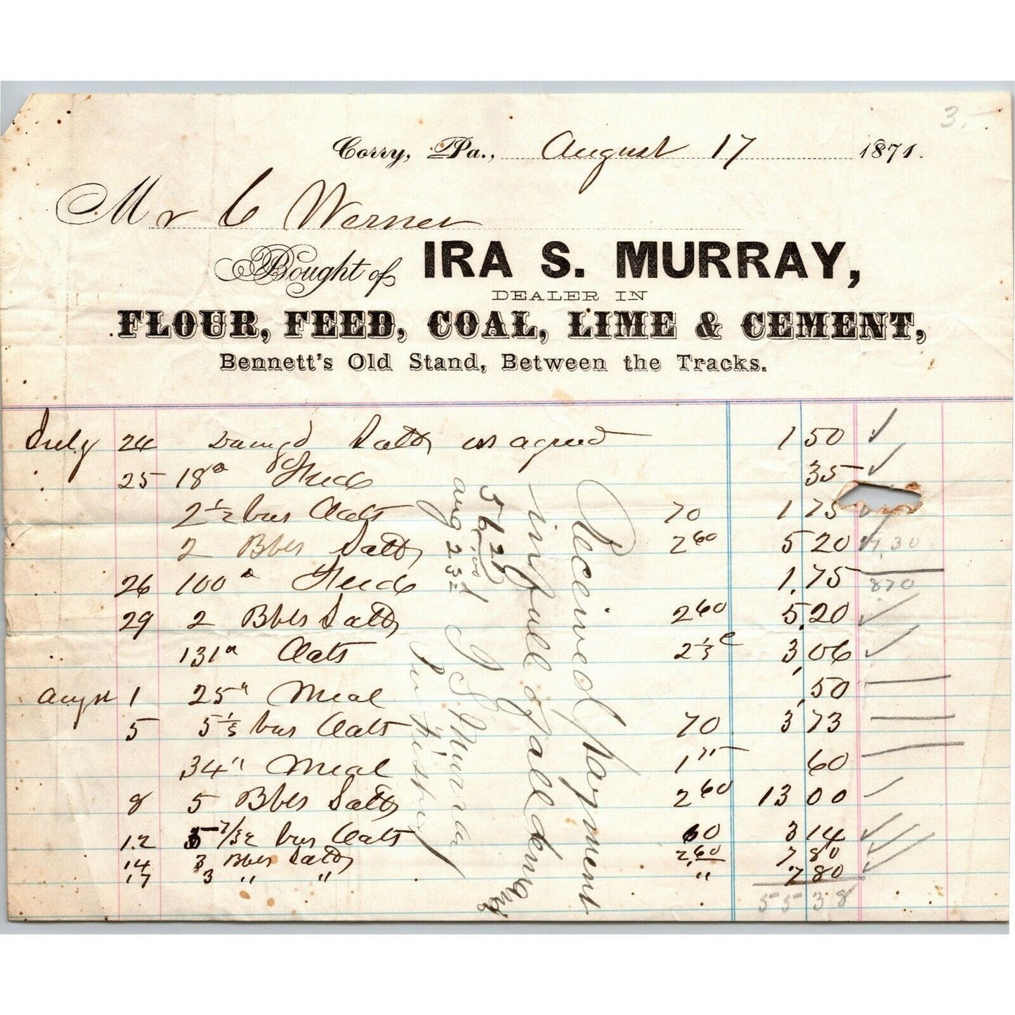 Ira S. Murray 1871 Letterhead Corry, PA Dealers in Flour Feed Coal Lime Cement