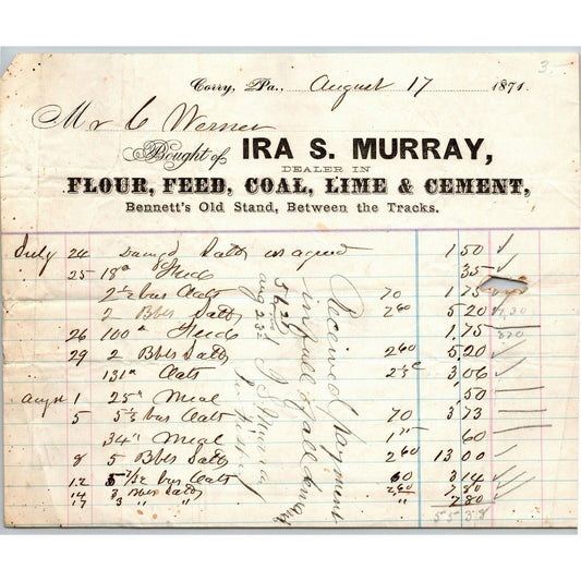 Ira S. Murray 1871 Letterhead Corry, PA Dealers in Flour Feed Coal Lime Cement