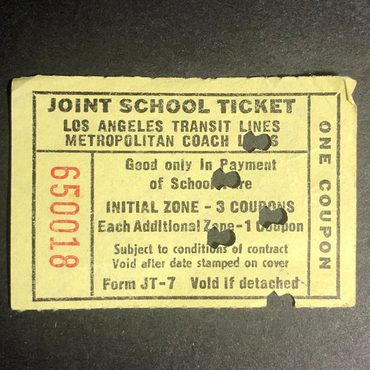 Los Angeles Transit Lines "Joint School Ticket" Stub / Coupon