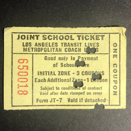 Los Angeles Transit Lines "Joint School Ticket" Stub / Coupon