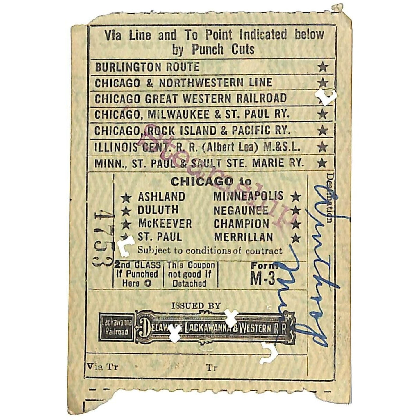 Delaware Lackawanna & Western Railroad Ticket 1923 to Chicago #4753