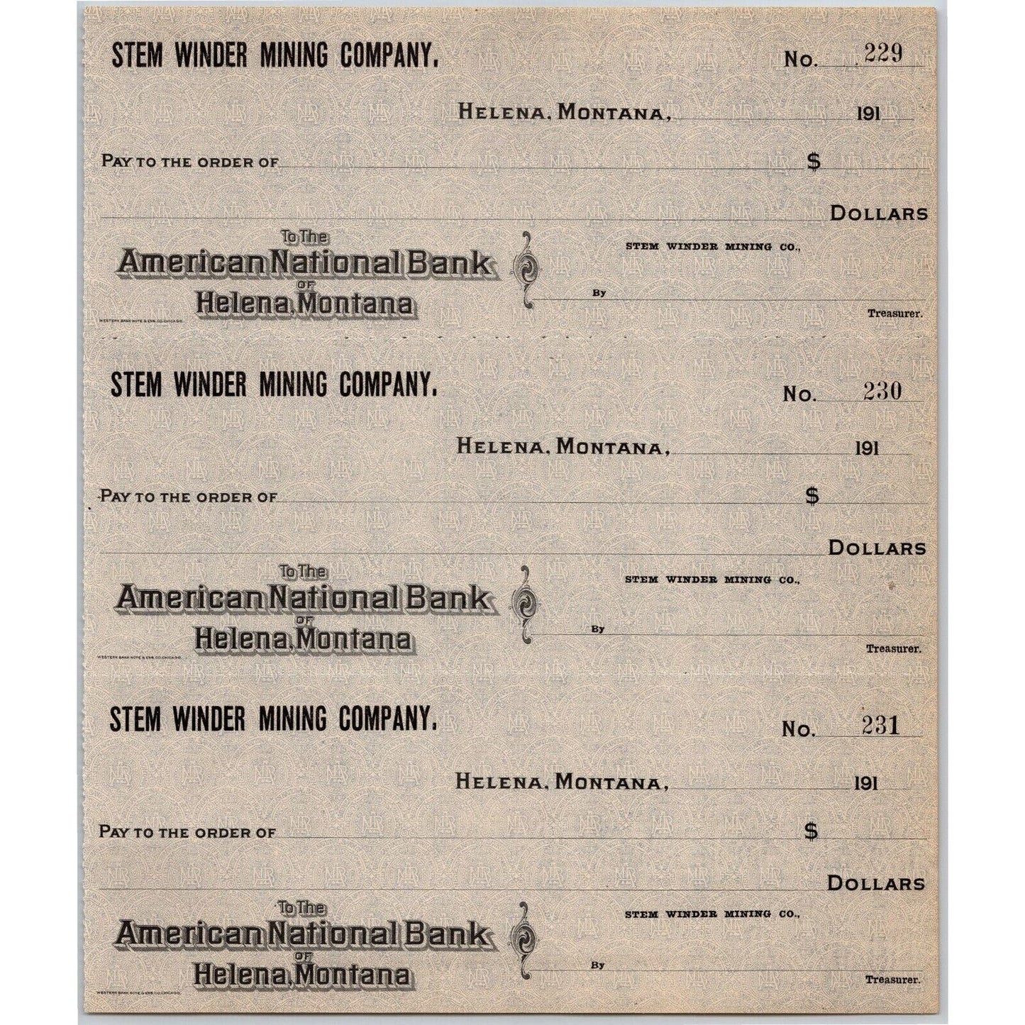 Helena, MT Stem Winder Mining Co. American National Bank Check Sheet 1910