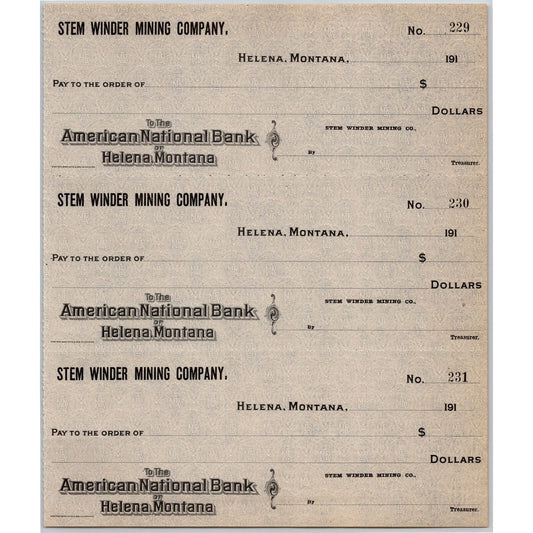 Helena, MT Stem Winder Mining Co. American National Bank Check Sheet 1910