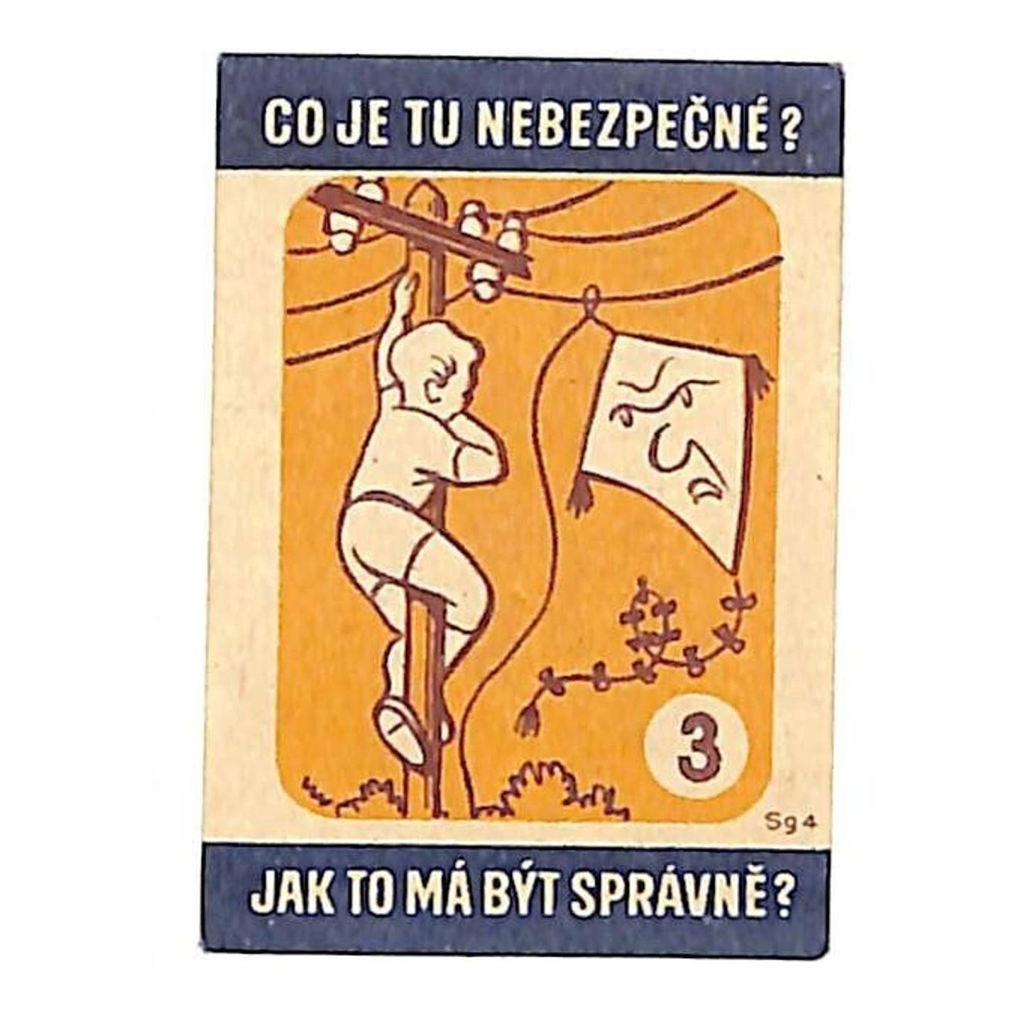 Vintage Czech Matchbox Label What Is Dangerous Here? Series Boy Telephone Pole