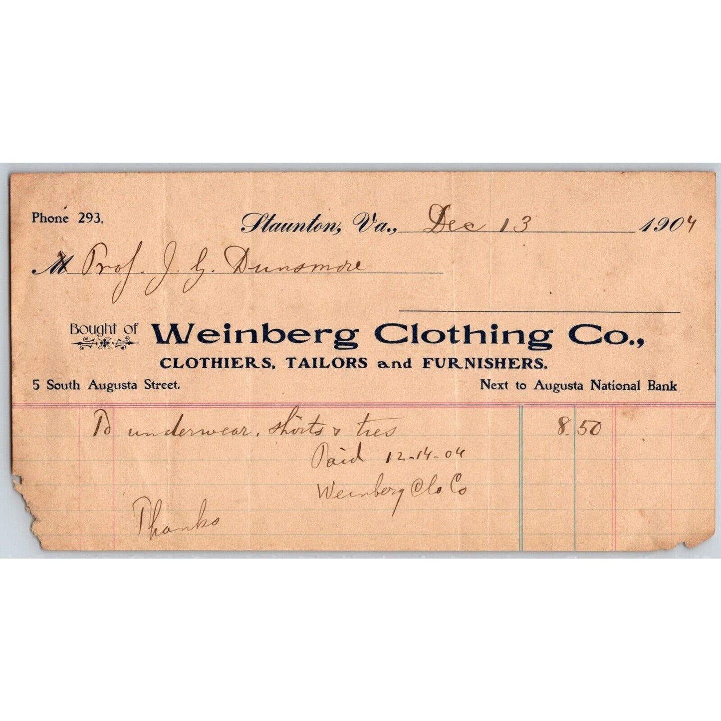 1907 Scarce Weinberg Clothing Co. Tailors Billhead Letterhead Staunton, VA