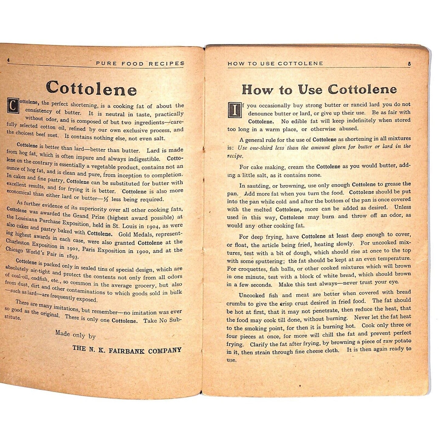 1910 "Home Helps A Pure Food Cook Book" Cottolene Cottonseed Oil 80pp Scarce