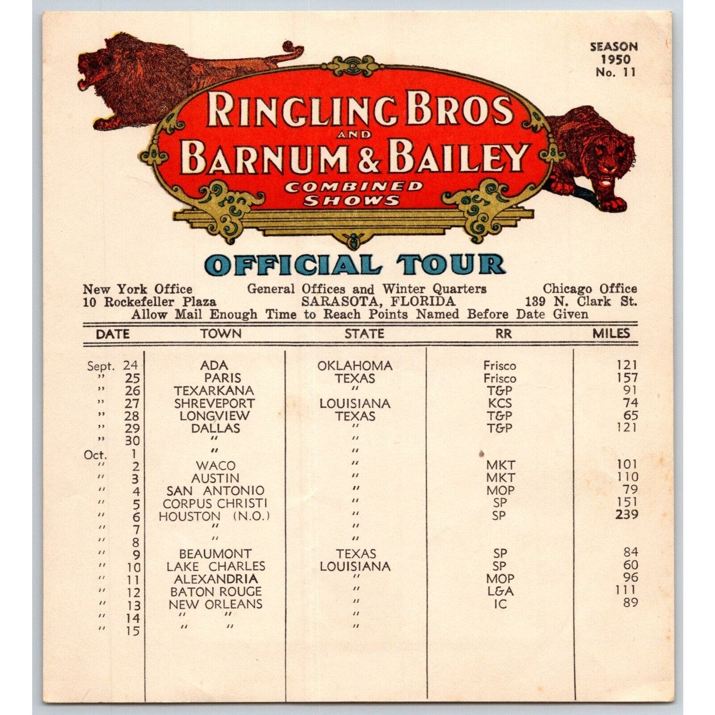 1950 Ringling Bros Barnum Bailey Circus Route Card Dallas Waco Austin New Orlean