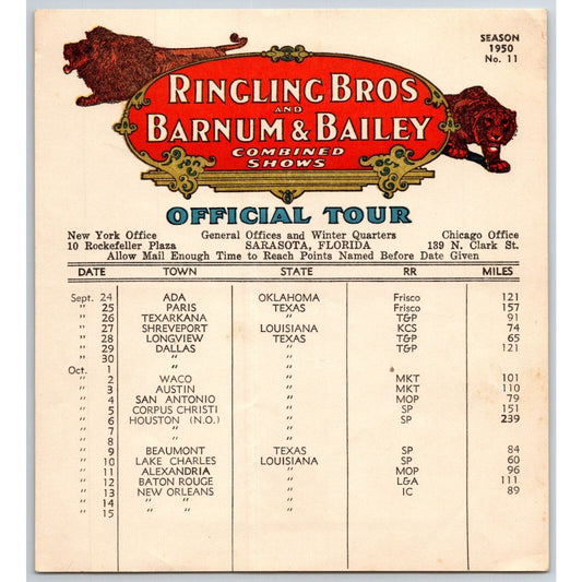 1950 Ringling Bros Barnum Bailey Circus Route Card Dallas Waco Austin New Orlean