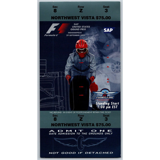 2002 Indianapolis Formula One Grand Prix Racing Unused Ticket 9/29 VGC Seat 3