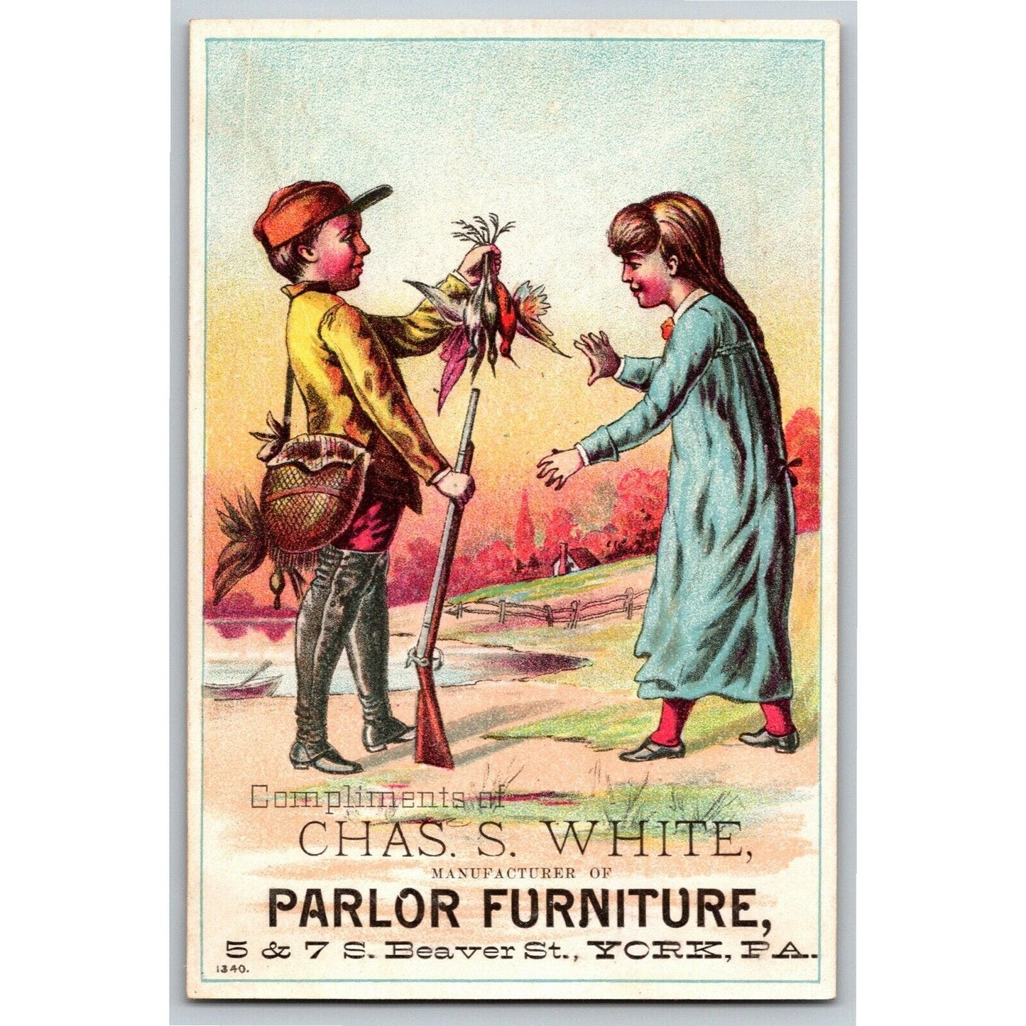 York, PA Chas. S. White Parlor Furniture Victorian Trade Card Kids Hunting Birds