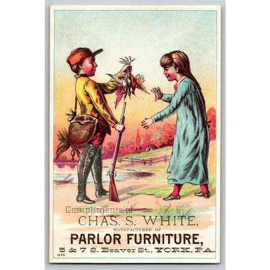 York, PA Chas. S. White Parlor Furniture Victorian Trade Card Kids Hunting Birds