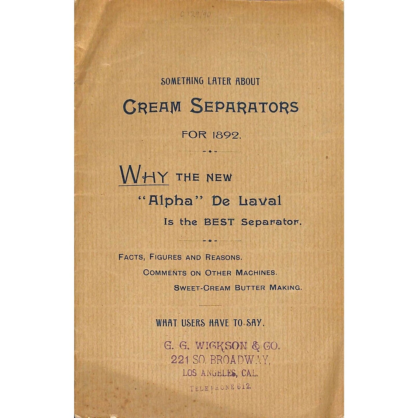 Scarce 1892 "De Laval Cream Separators Catalog" Wickson Los Angeles, CA 16pp VGC