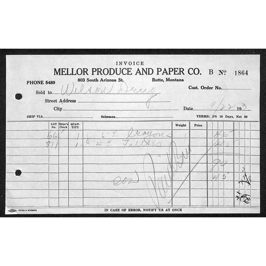 Mellor Produce & Paper Co. - Butte Montana 1933 Billhead Letterhead Wilson Drug