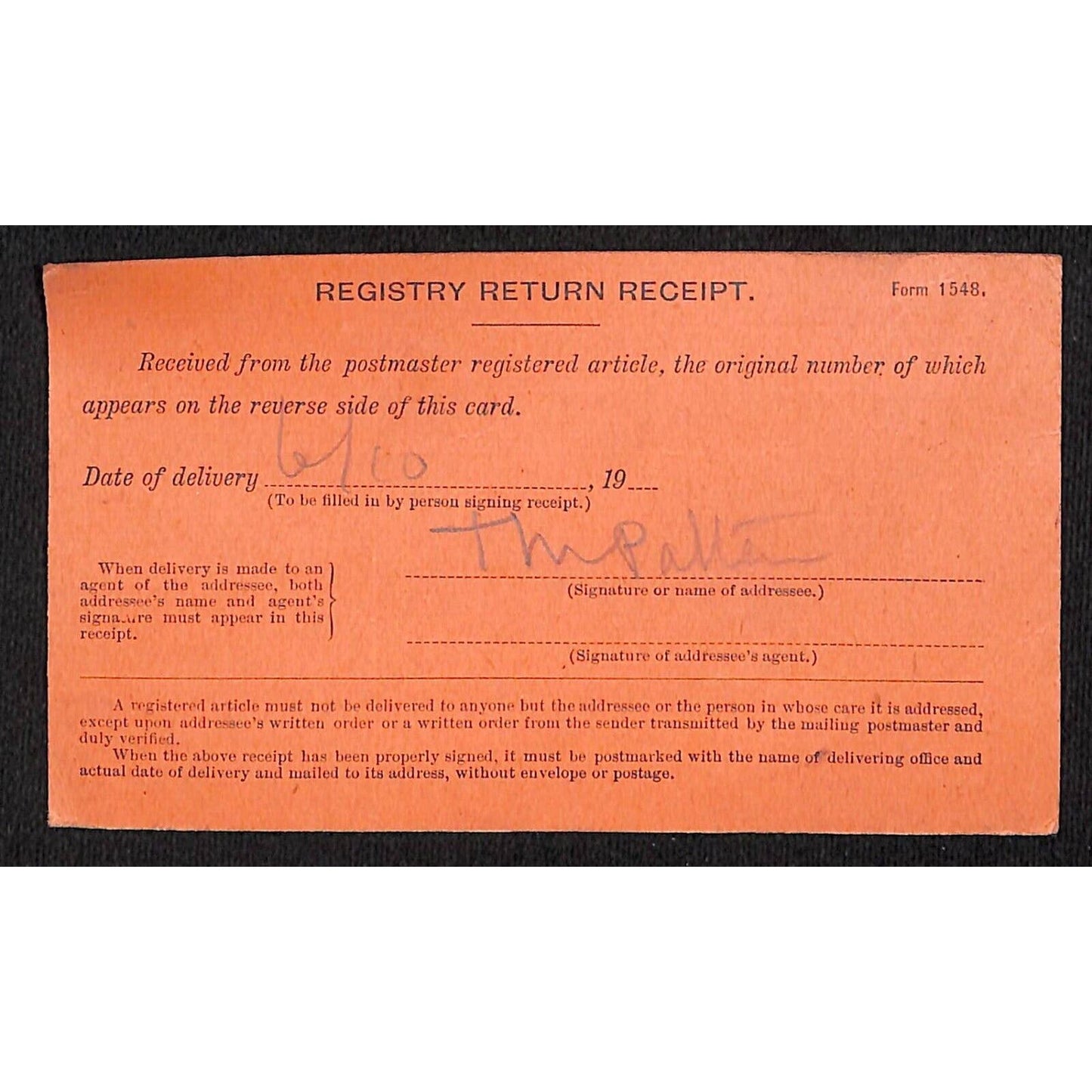 Hampden Highlands, ME 1910 Post Office Registry Return Receipt Post Card